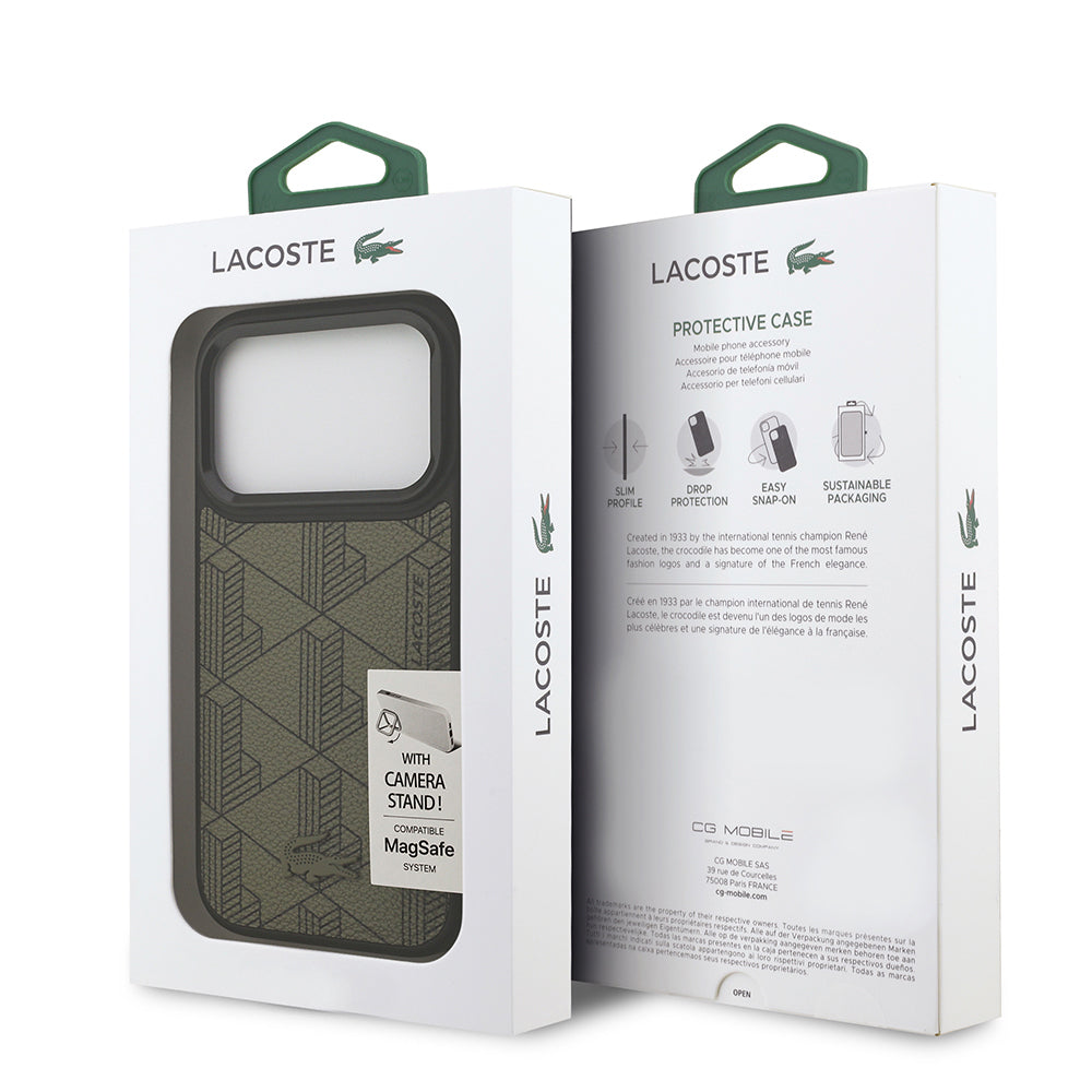 Apple iPhone 17 Pro Kılıf Lacoste Orjinal Lisanslı M-safe Şarj Özellikli Standlı PU Deri Karışık Monogram Desenli Kapak Siyah
