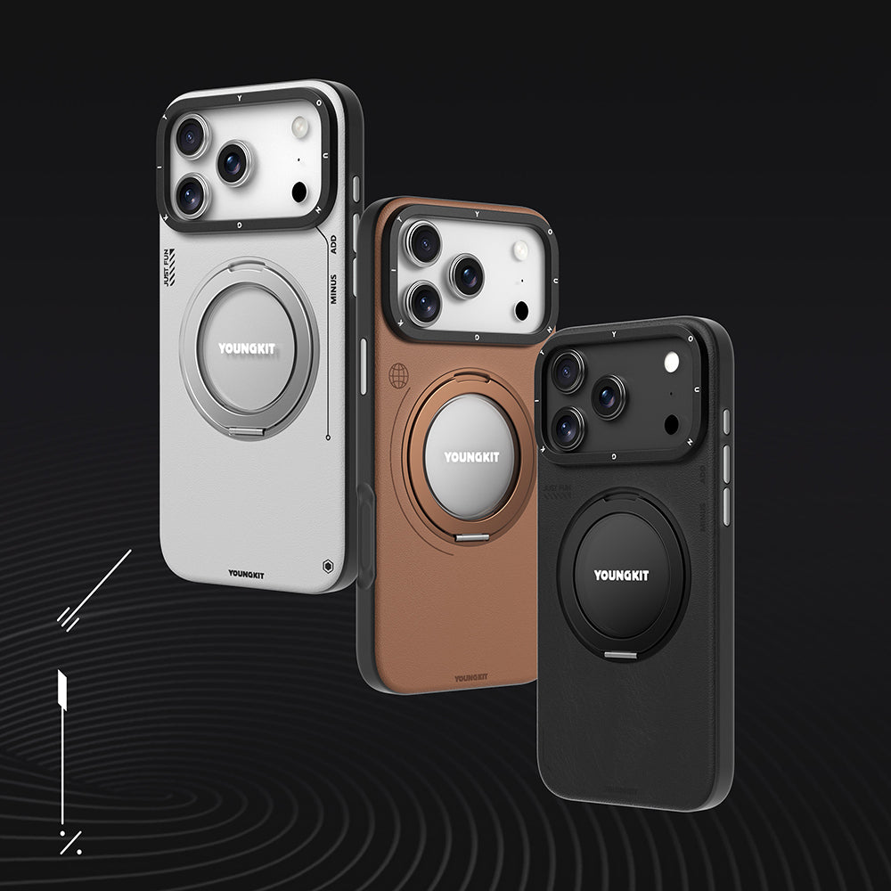 Apple iPhone 17 Pro Kılıf M-safe Şarj Özellikli 360 Derece Standlı Basit Mat Deri Desenli Youngkit Tech Leather Serisi Kapak Kahverengi