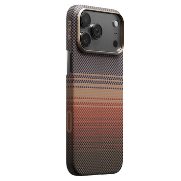 Apple iPhone 17 Pro Kılıf M-safe Şarj Özellikli Aramid Fiber Pitaka Tactile Woven Sunset-Moonrise Serisi Sunset Kapak Kahverengi