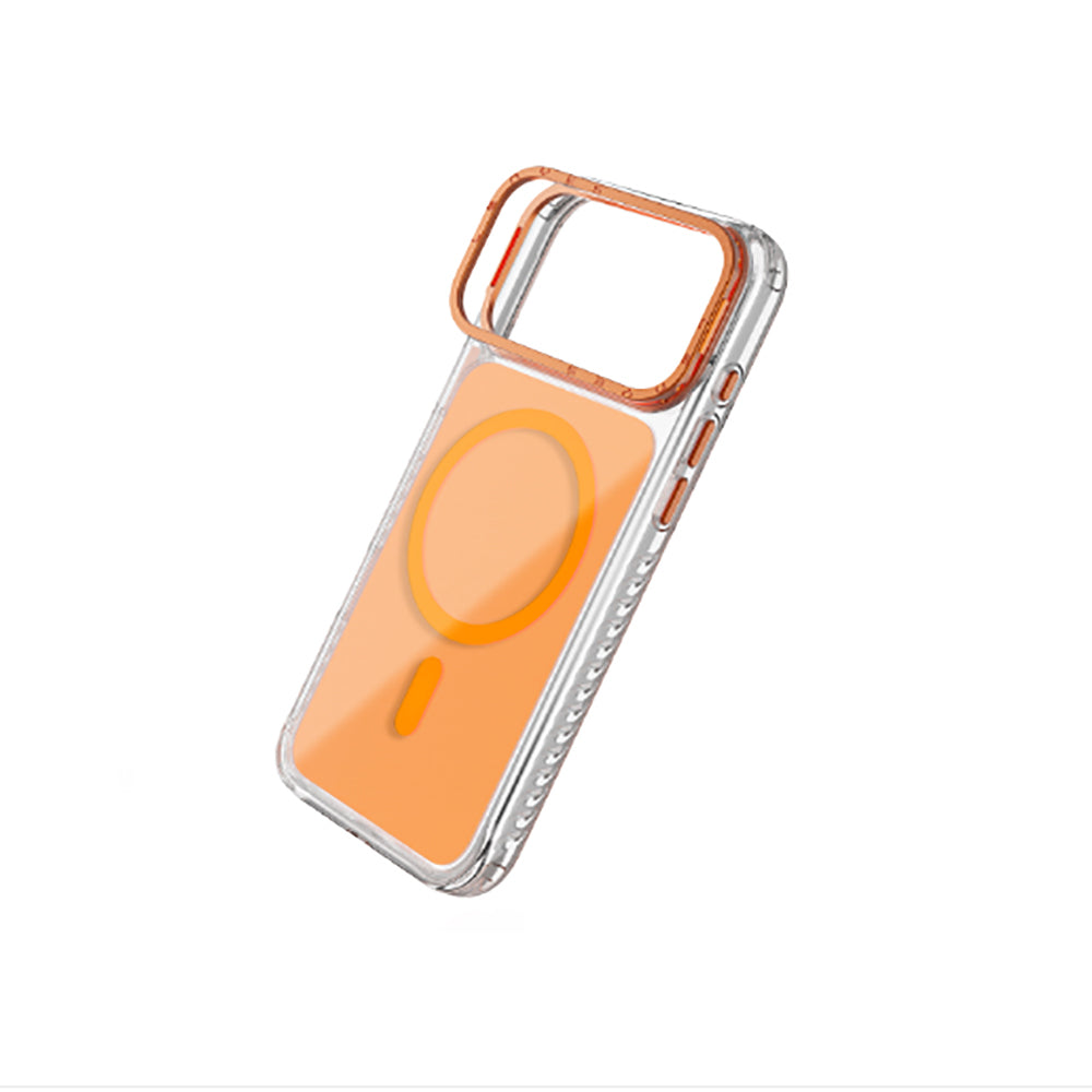 Apple iPhone 17 Pro Kılıf M-safe Şarj Özellikli Metal Kamera Çerçeveli Airbag Tasarımlı Lenyes CK221 Sert PC Kapak Turuncu