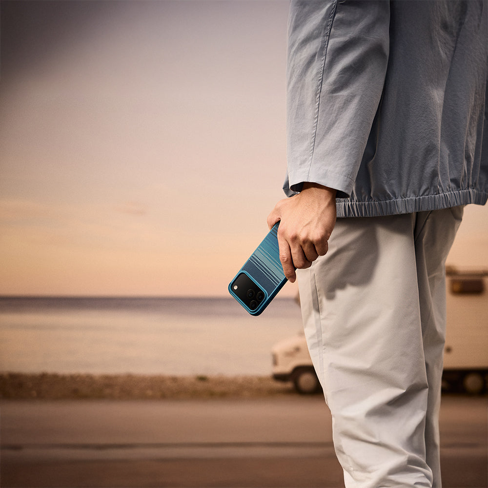 Apple iPhone 17 Pro Case M-safe Charging Feature Pitaka Tactile Woven Sunset-Moonrise Aramid Pro Guard Series Cover Blue