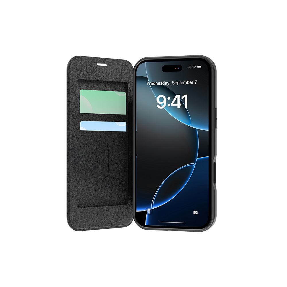 Apple iPhone 17 Pro Kılıf M-Safe Şarj Özellikli Raptic Air Folio Şeffaf Kartlıklı Kapaklı Kılıf Siyah