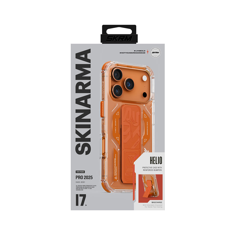 Apple iPhone 17 Pro Kılıf M-safe Şarj Özellikli Teknoloji Desenli Skinarma Helio Mag Charge Standlı Kapak Turuncu