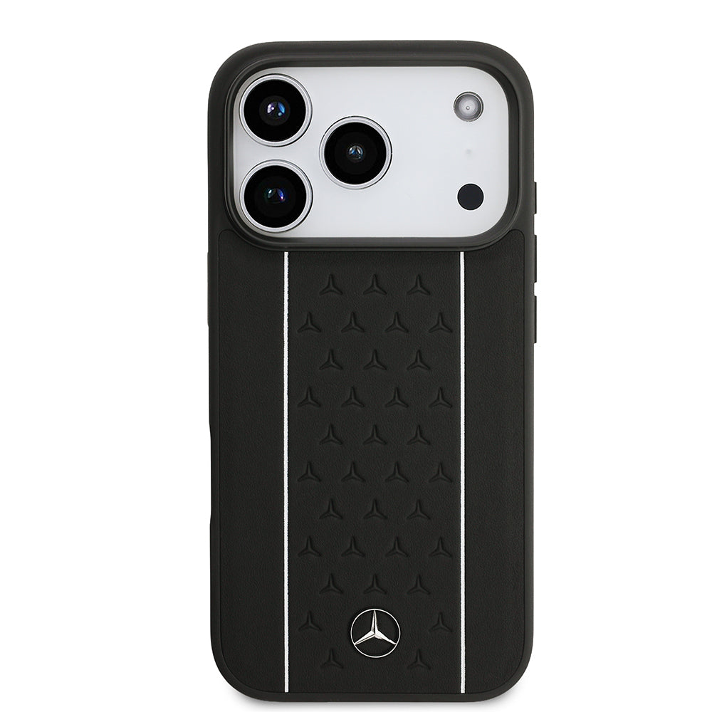Apple iPhone 17 Pro Kılıf Mercedes Benz Orjinal Lisanslı M-safe Şarj Özellikli Şeritli Yıldız Desenli Metal Logolu Deri Kapak Lacivert