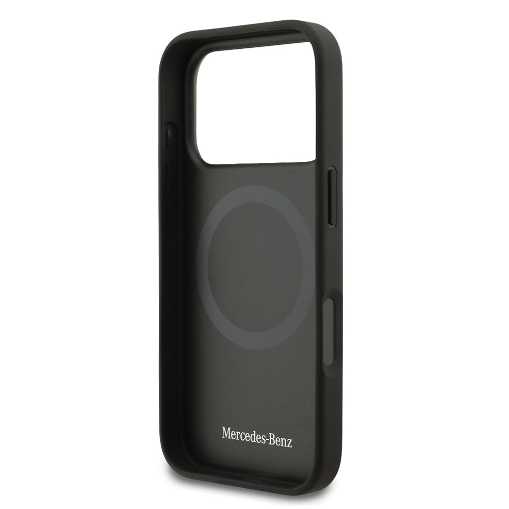 Apple iPhone 17 Pro Kılıf Mercedes Benz Orjinal Lisanslı M-safe Şarj Özellikli Şeritli Yıldız Desenli Metal Logolu Deri Kapak Lacivert