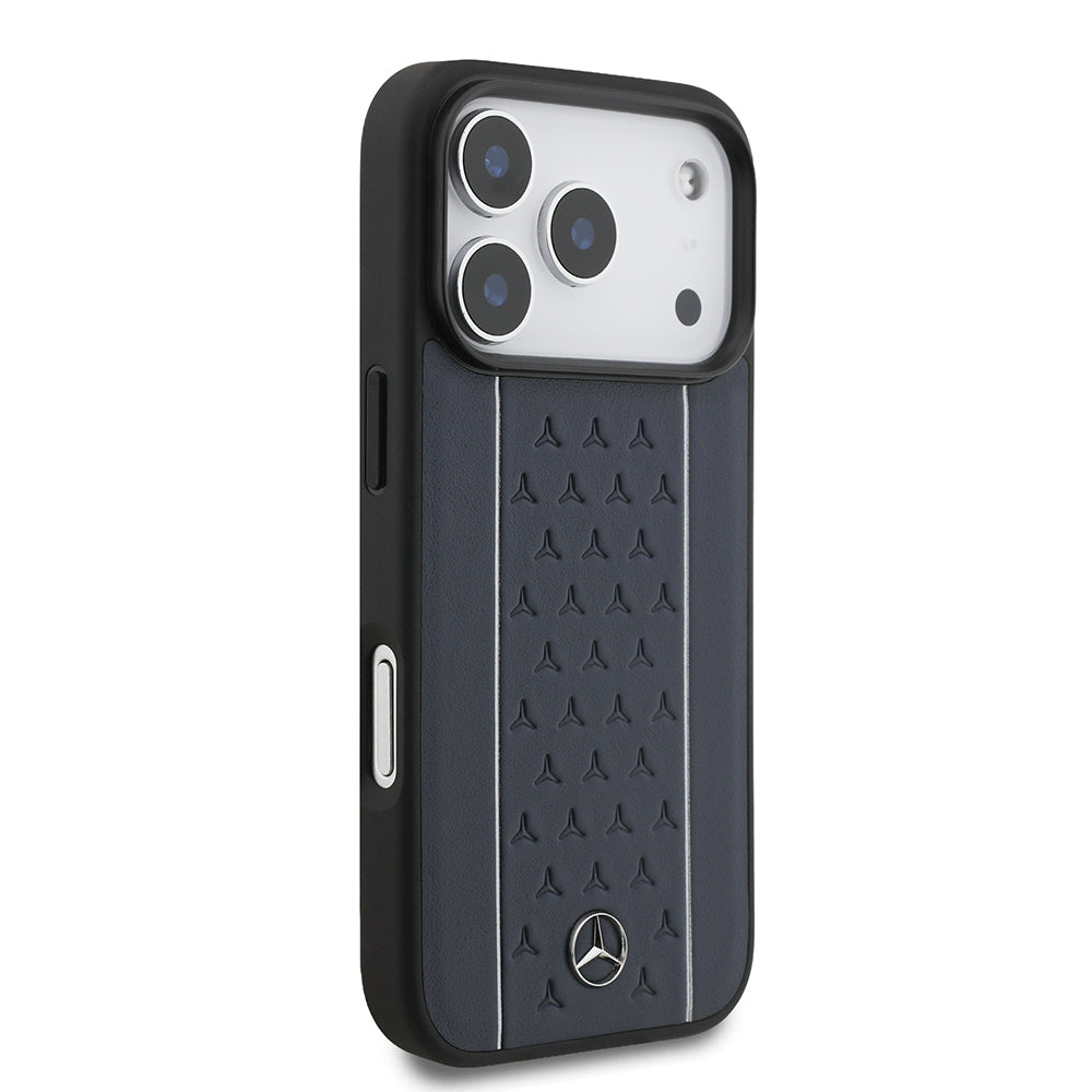 Apple iPhone 17 Pro Case Mercedes Benz Original Licensed M-Safe Charging Feature Striped Star Patterned Metal Logo Leather Cover Black