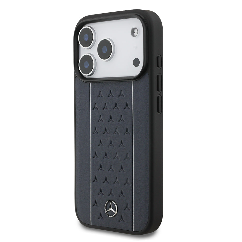 Apple iPhone 17 Pro Kılıf Mercedes Benz Orjinal Lisanslı M-safe Şarj Özellikli Şeritli Yıldız Desenli Metal Logolu Deri Kapak Siyah