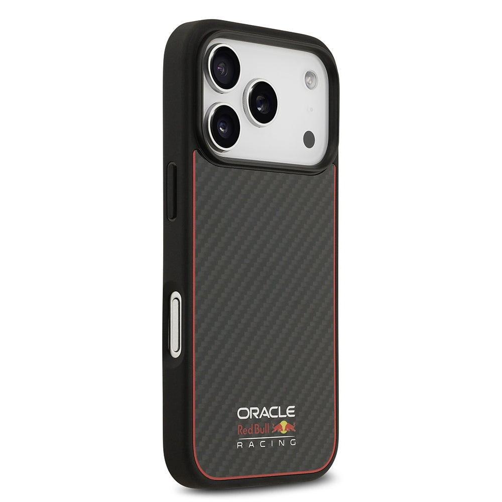 Apple iPhone 17 Pro Kılıf Redbull Orjinal Lisanslı M-safe Şarj Özellikli Karbon Fiber Parlayan Logolu Kevlar Kapak Siyah