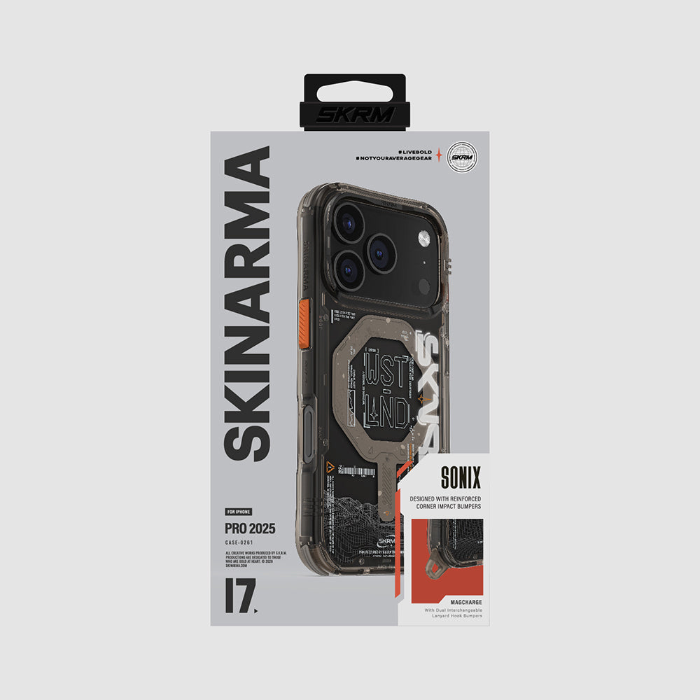 Apple iPhone 17 Pro Case Skinarma M-safe Charging Feature Text Patterned Airbag Design Sonix Cover Black