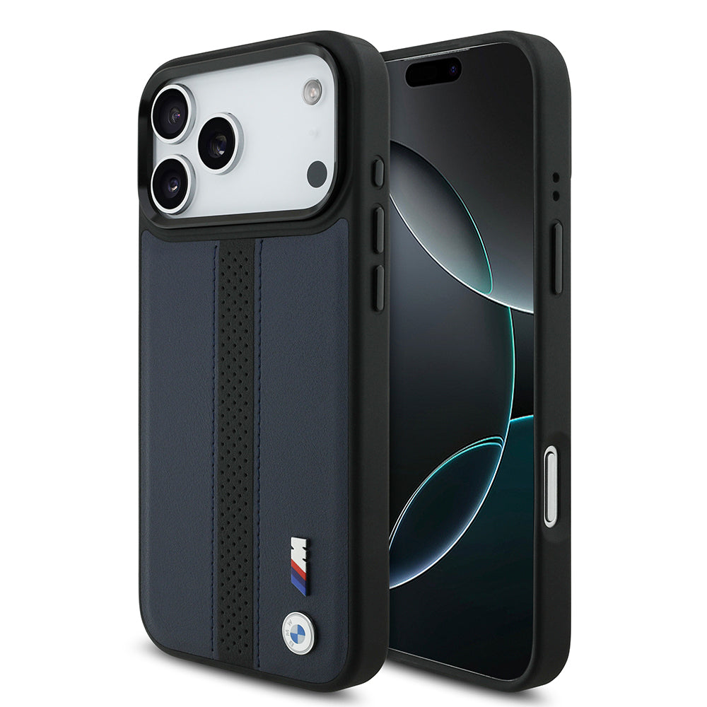 Apple iPhone 17 Pro Max Kılıf BMW Orjinal Lisanslı M-safe Şarj Özellikli Deri Arka Yüzey Metal Logolu Delikli Şerit Tasarımlı Kapak Lacivert