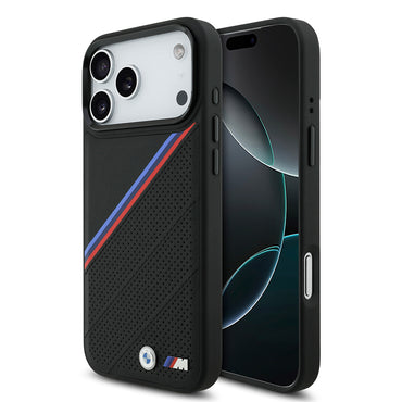 Apple iPhone 17 Pro Max Kılıf BMW Orjinal Lisanslı M-safe Şarj Özellikli M Logolu Üç Şeritli Delikli Deri Kapak Gri