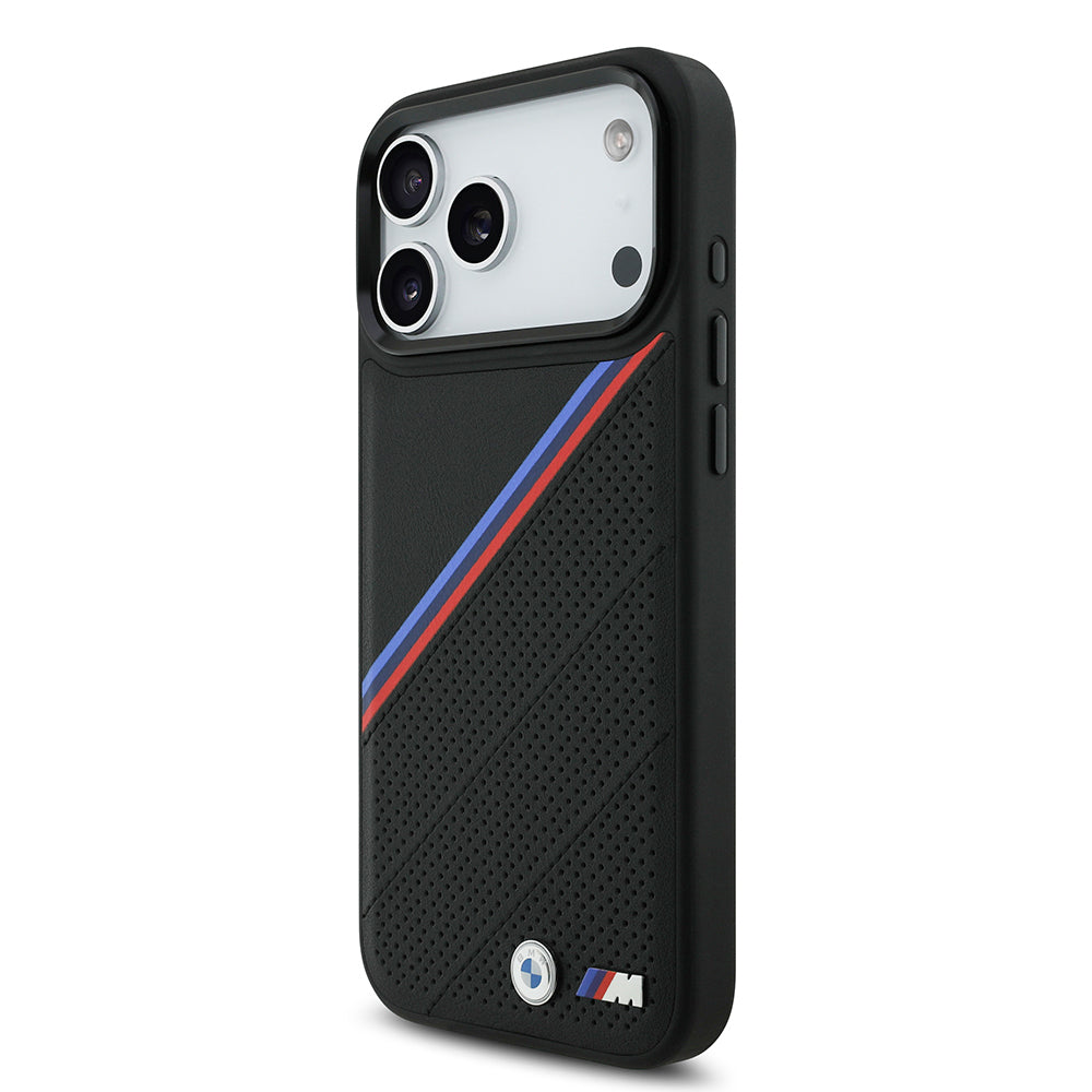 Apple iPhone 17 Pro Max Case BMW Original Licensed M-Safe Charging Feature M Logo Three Stripe Perforated Leather Cover Black