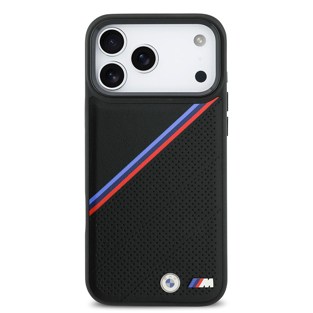 Apple iPhone 17 Pro Max Case BMW Original Licensed M-Safe Charging Feature M Logo Three Stripe Perforated Leather Cover Black