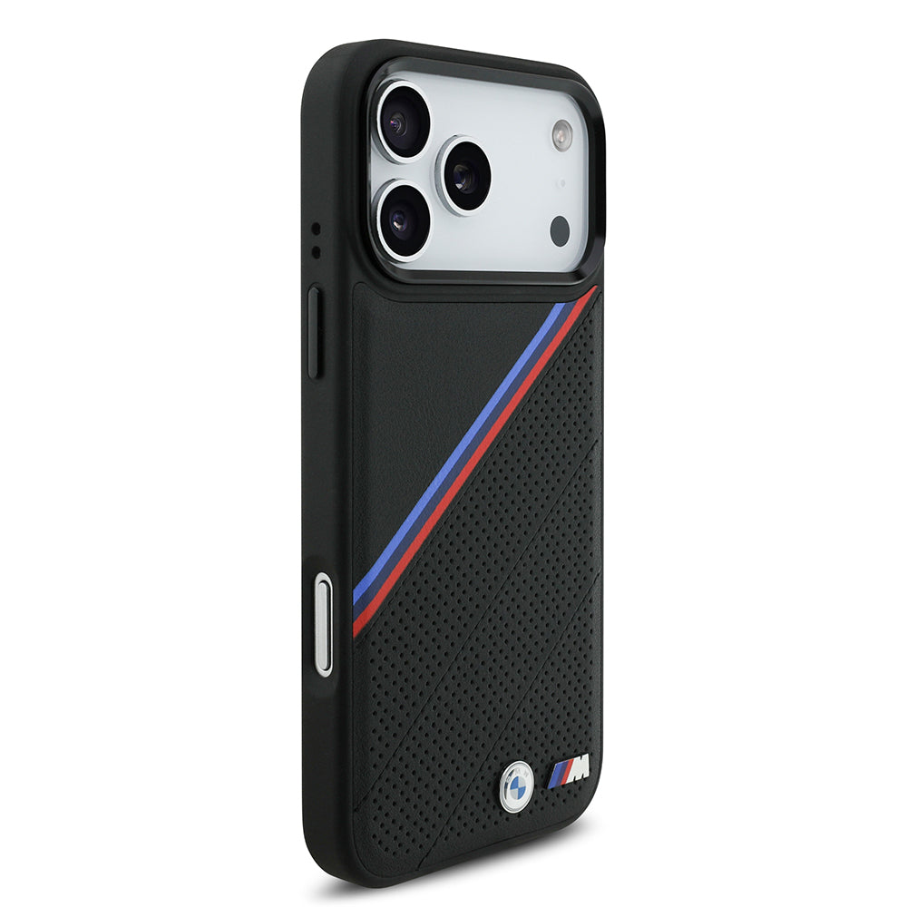 Apple iPhone 17 Pro Max Case BMW Original Licensed M-Safe Charging Feature M Logo Three Stripe Perforated Leather Cover Gray