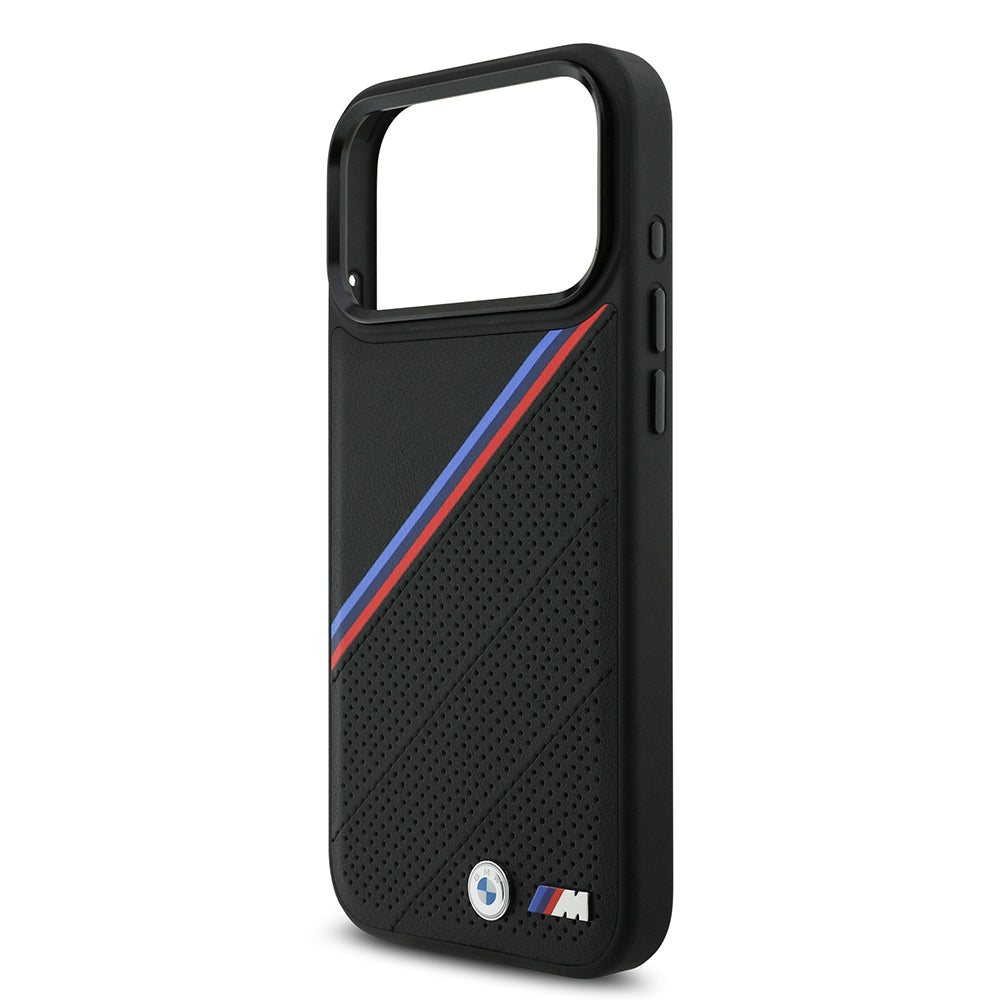 Apple iPhone 17 Pro Max Case BMW Original Licensed M-Safe Charging Feature M Logo Three Stripe Perforated Leather Cover Black