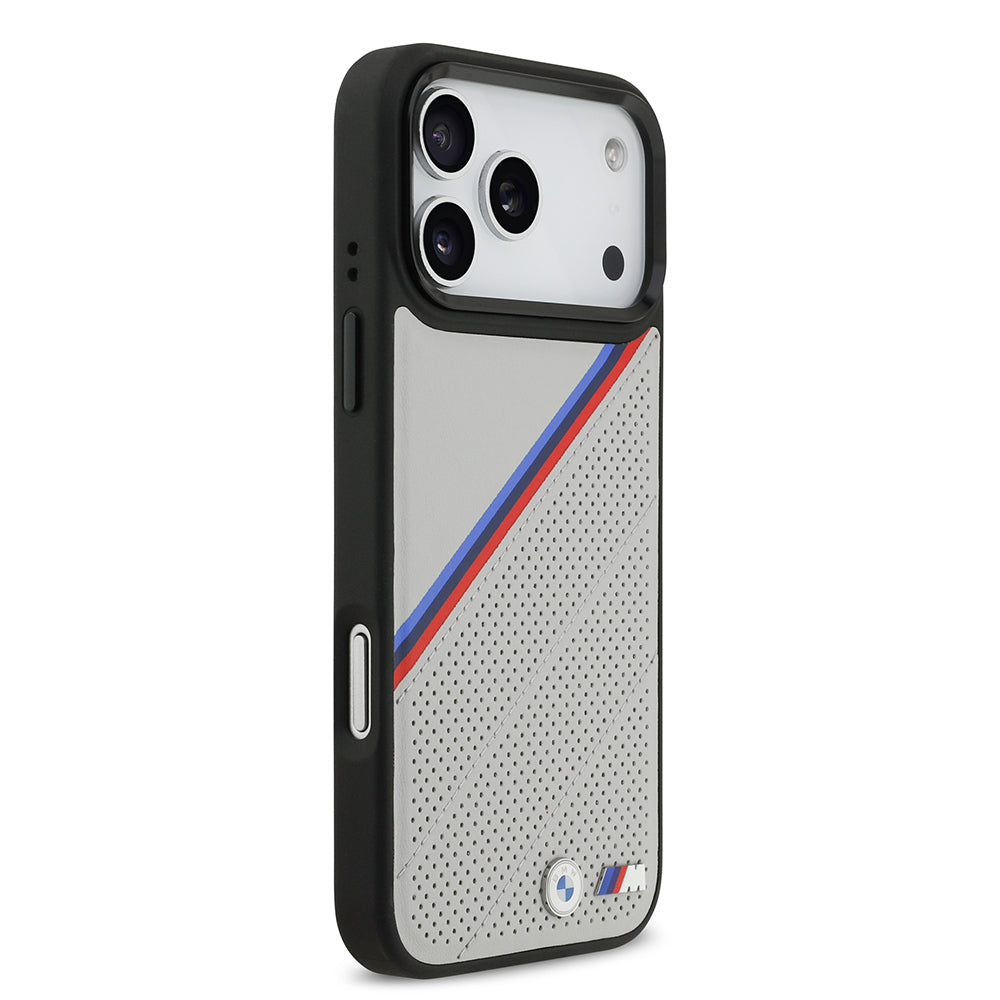 Apple iPhone 17 Pro Max Kılıf BMW Orjinal Lisanslı M-safe Şarj Özellikli M Logolu Üç Şeritli Delikli Deri Kapak Siyah