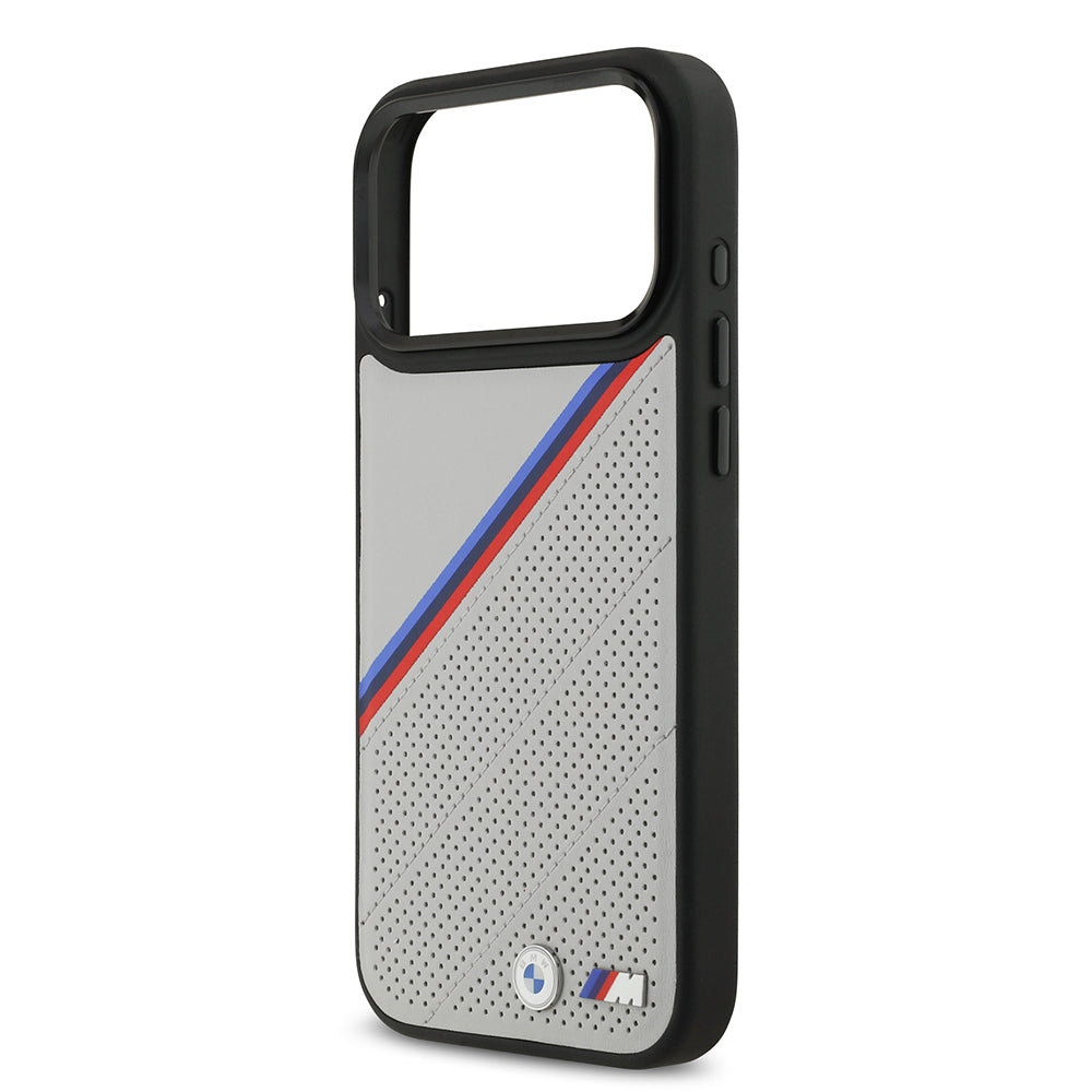 Apple iPhone 17 Pro Max Kılıf BMW Orjinal Lisanslı M-safe Şarj Özellikli M Logolu Üç Şeritli Delikli Deri Kapak Siyah