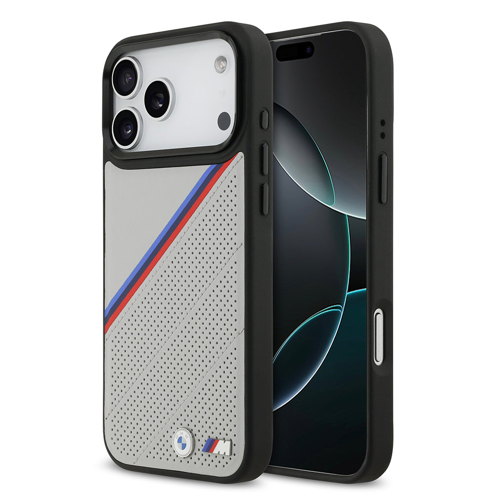 Apple iPhone 17 Pro Max Case BMW Original Licensed M-Safe Charging Feature M Logo Three Stripe Perforated Leather Cover Gray