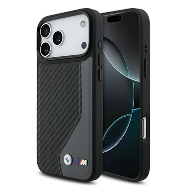 Apple iPhone 17 Pro Max Kılıf BMW Orjinal Lisanslı M-safe Şarj Özellikli Metal BMW ve M Logolu PU Karbon Tasarımlı Kapak Siyah