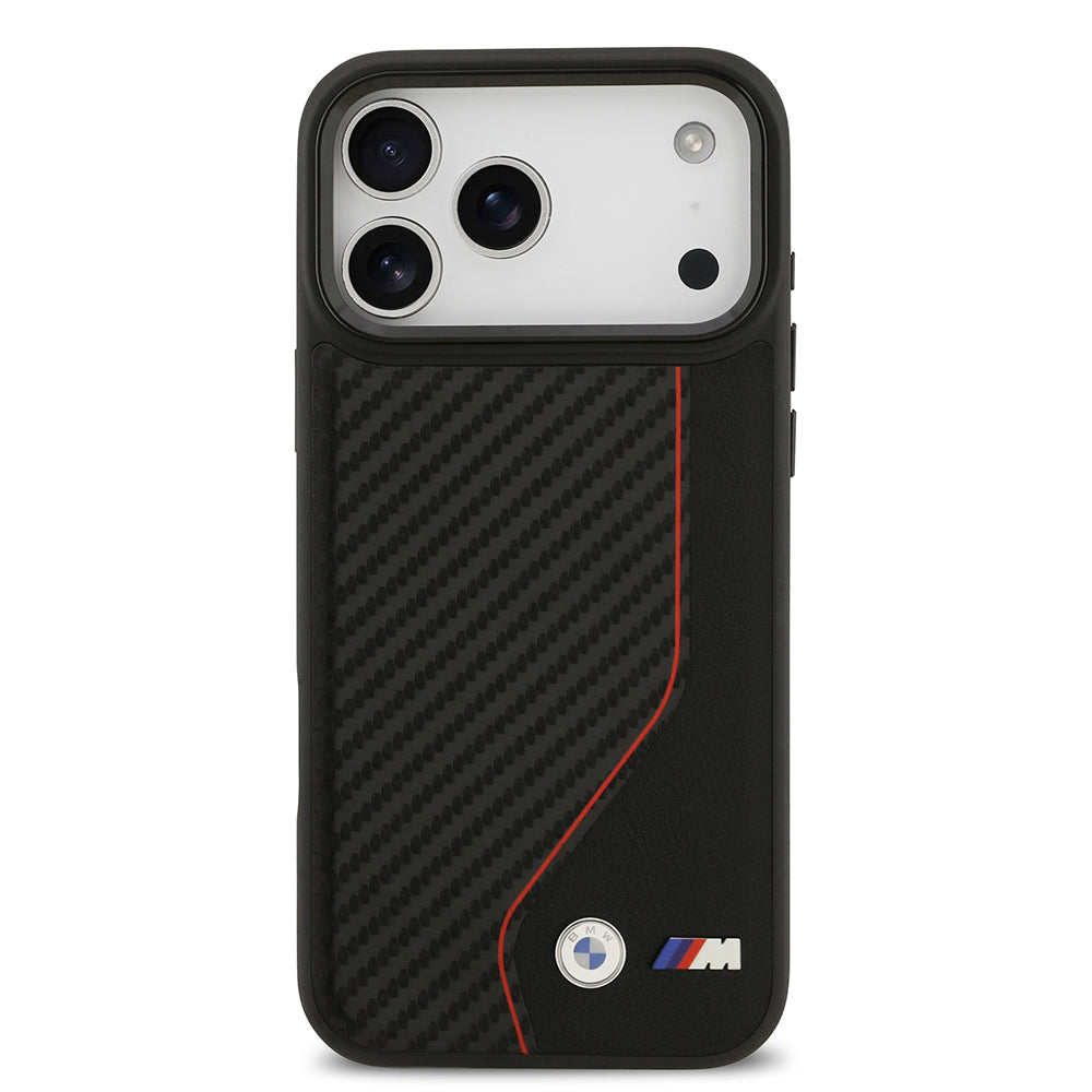 Apple iPhone 17 Pro Max Kılıf BMW Orjinal Lisanslı M-safe Şarj Özellikli Metal BMW ve M Logolu PU Karbon Tasarımlı Kapak Siyah