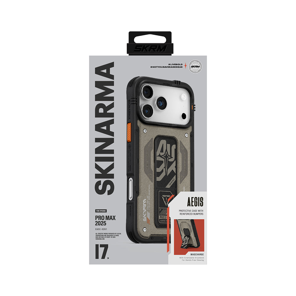 Apple iPhone 17 Pro Max Case Patterned Airbag Design Stand Skinarma Aegis Cover Gray