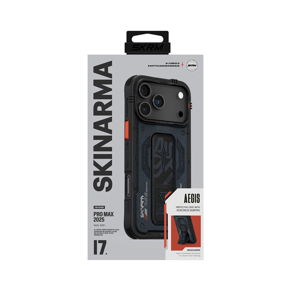 Apple iPhone 17 Pro Max Case Patterned Airbag Design Stand Skinarma Aegis Cover Navy Blue