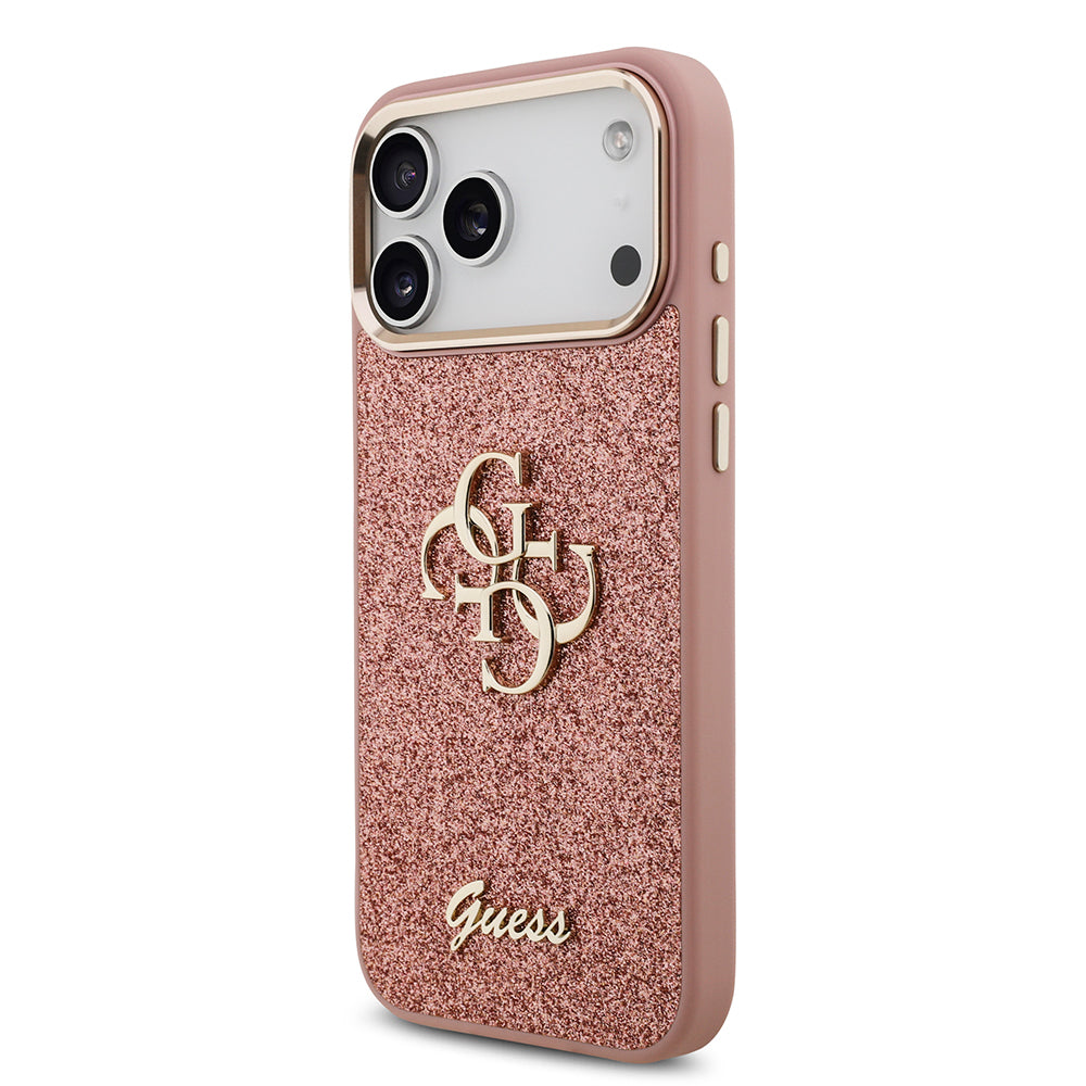 Apple iPhone 17 Pro Max Case Guess Original Licensed 4G Large Metal Camera Frame and Logo Glitter Cover Gold
