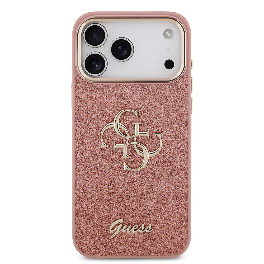 Apple iPhone 17 Pro Max Case Guess Original Licensed 4G Large Metal Camera Frame and Logo Glitter Cover Gold