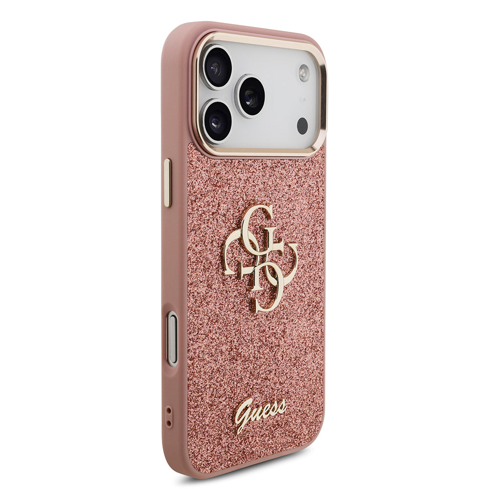 Apple iPhone 17 Pro Max Case Guess Original Licensed 4G Large Metal Camera Frame and Logo Glitter Cover Gold