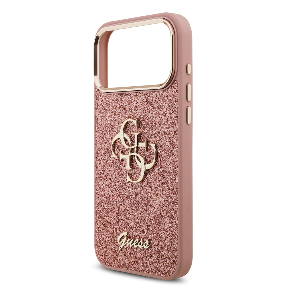 Apple iPhone 17 Pro Max Case Guess Original Licensed 4G Large Metal Camera Frame and Logo Glitter Cover Gold