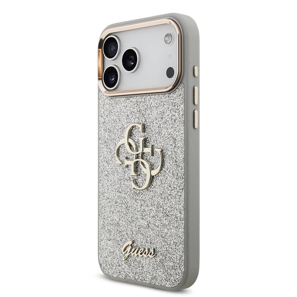 Apple iPhone 17 Pro Max Case Guess Original Licensed 4G Large Metal Camera Frame and Logo Glitter Cover Gold