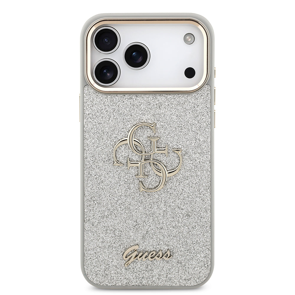 Apple iPhone 17 Pro Max Case Guess Original Licensed 4G Large Metal Camera Frame and Logo Glitter Cover Gold