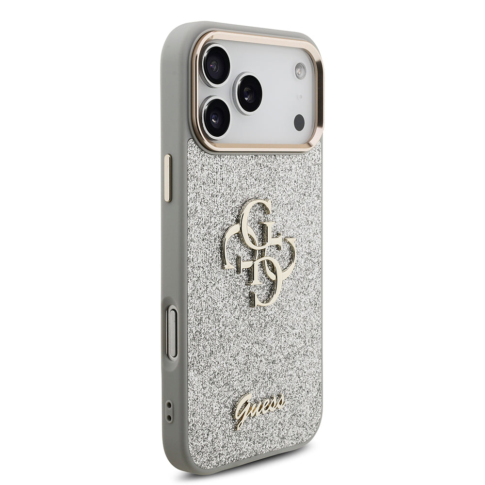 Apple iPhone 17 Pro Max Case Guess Original Licensed 4G Large Metal Camera Frame and Logo Glitter Cover Gold