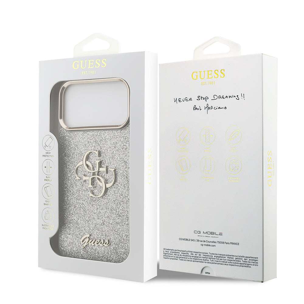 Apple iPhone 17 Pro Max Case Guess Original Licensed 4G Large Metal Camera Frame and Logo Glitter Cover Gold
