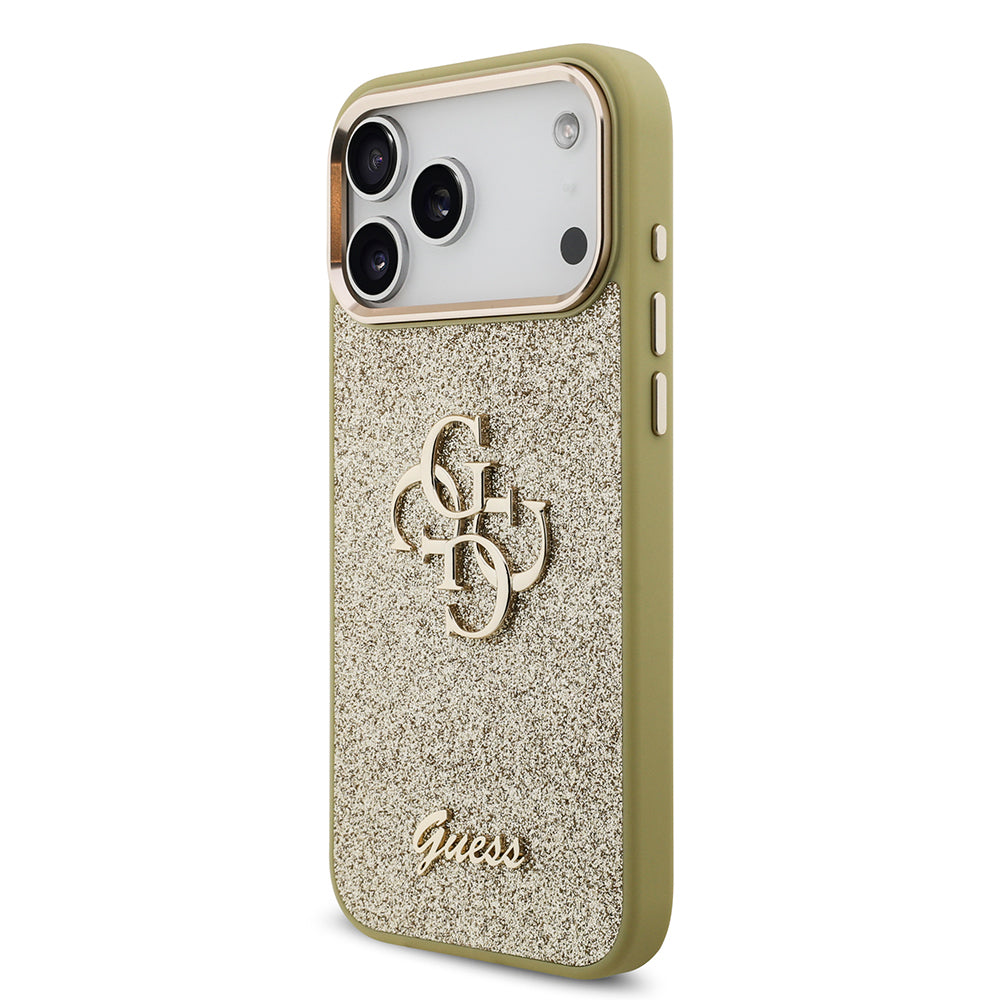 Apple iPhone 17 Pro Max Case Guess Original Licensed 4G Large Metal Camera Frame and Logo Glitter Cover Gold