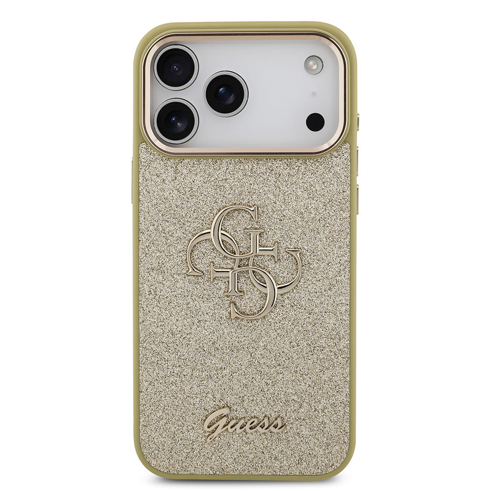 Apple iPhone 17 Pro Max Case Guess Original Licensed 4G Large Metal Camera Frame and Logo Glitter Cover Gold