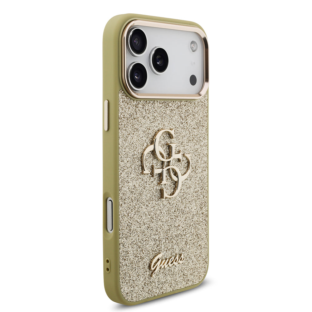 Apple iPhone 17 Pro Max Case Guess Original Licensed 4G Large Metal Camera Frame and Logo Glitter Cover Gold