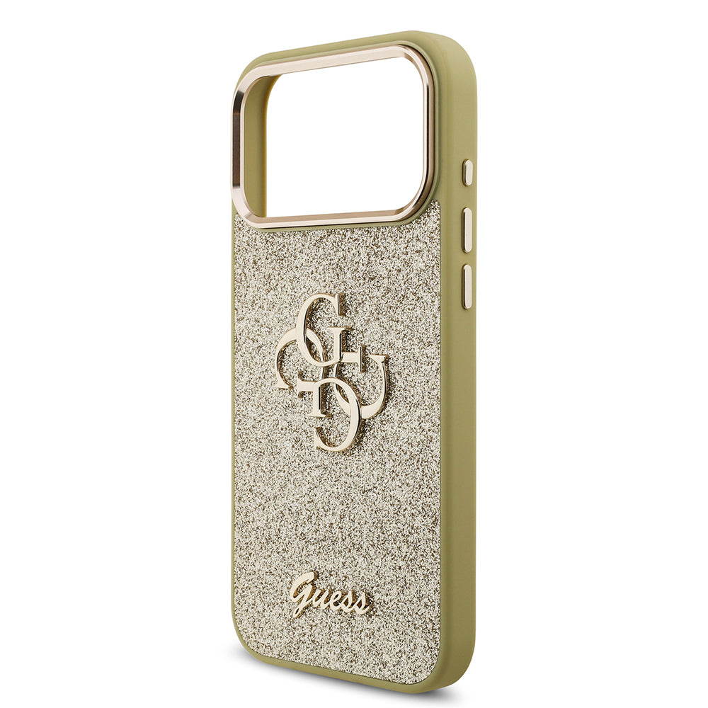 Apple iPhone 17 Pro Max Case Guess Original Licensed 4G Large Metal Camera Frame and Logo Glitter Cover Gold