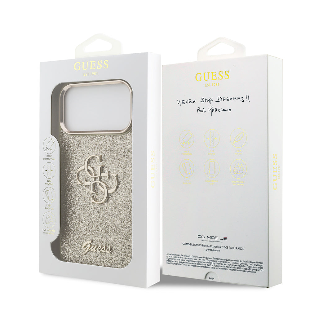 Apple iPhone 17 Pro Max Case Guess Original Licensed 4G Large Metal Camera Frame and Logo Glitter Cover Gold