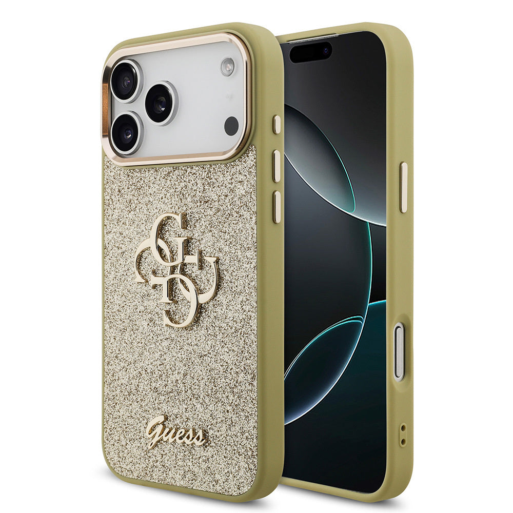 Apple iPhone 17 Pro Max Case Guess Original Licensed 4G Large Metal Camera Frame and Logo Glitter Cover Gold