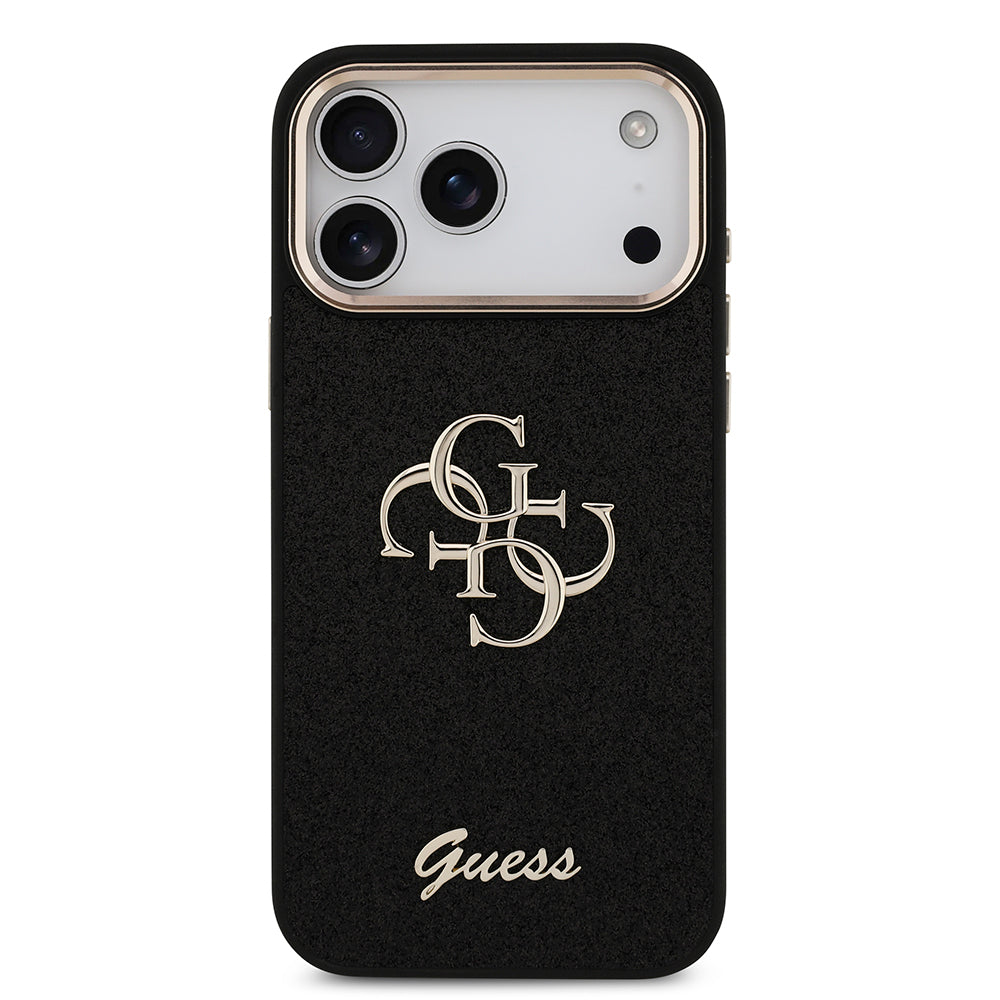 Apple iPhone 17 Pro Max Case Guess Original Licensed 4G Large Metal Camera Frame and Logo Glitter Cover Gold