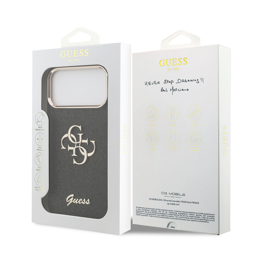 Apple iPhone 17 Pro Max Case Guess Original Licensed 4G Large Metal Camera Frame and Logo Glitter Cover Gold