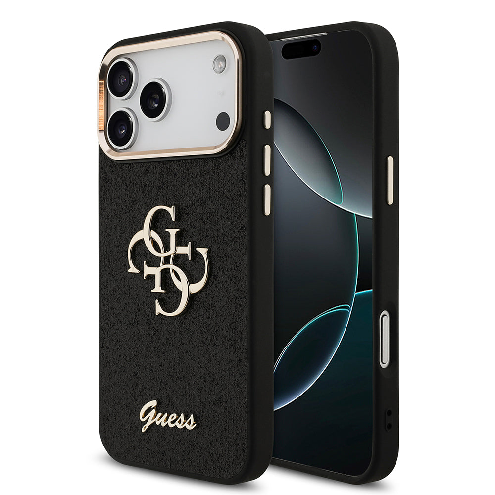 Apple iPhone 17 Pro Max Case Guess Original Licensed 4G Large Metal Camera Frame and Logo Glitter Cover Black