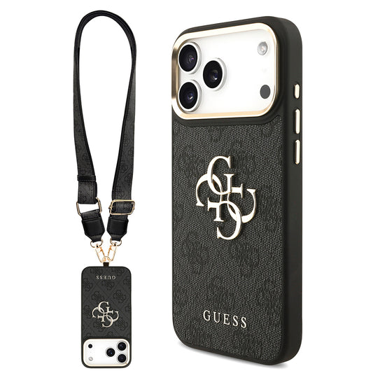 Apple iPhone 17 Pro Max Kılıf Guess Orjinal Lisanslı 4G Büyük Metal Logolu Kalın Askılı Kapak Siyah
