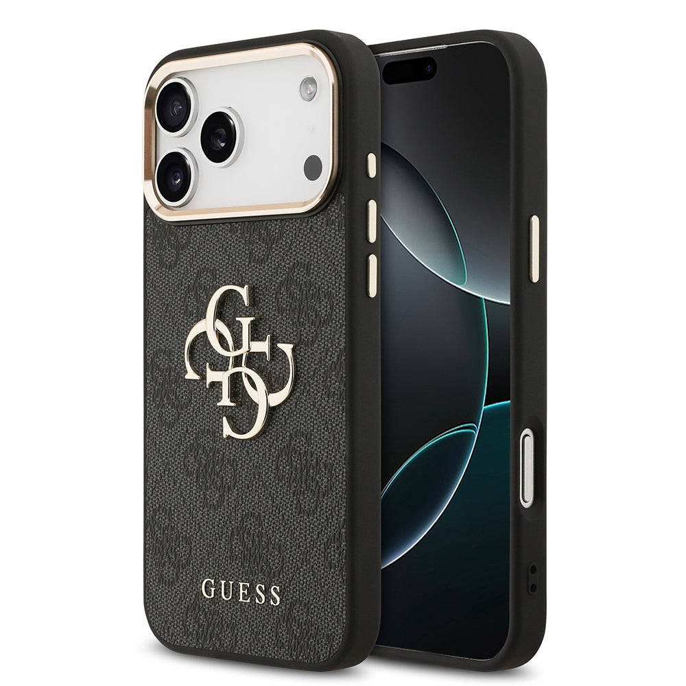 Apple iPhone 17 Pro Max Kılıf Guess Orjinal Lisanslı Gold Metal Kamera Çerçeveli 4G Desenli Metal Büyük 4G ve Yazı Logolu Kapak Kahverengi