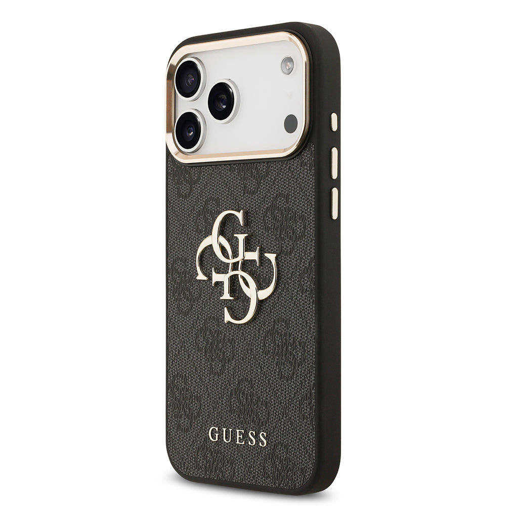 Apple iPhone 17 Pro Max Kılıf Guess Orjinal Lisanslı Gold Metal Kamera Çerçeveli 4G Desenli Metal Büyük 4G ve Yazı Logolu Kapak Pembe