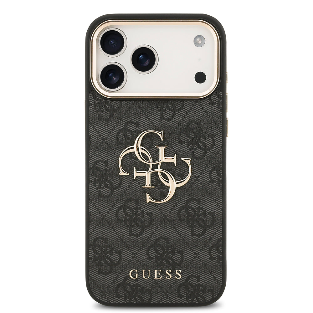 Apple iPhone 17 Pro Max Kılıf Guess Orjinal Lisanslı Gold Metal Kamera Çerçeveli 4G Desenli Metal Büyük 4G ve Yazı Logolu Kapak Kahverengi