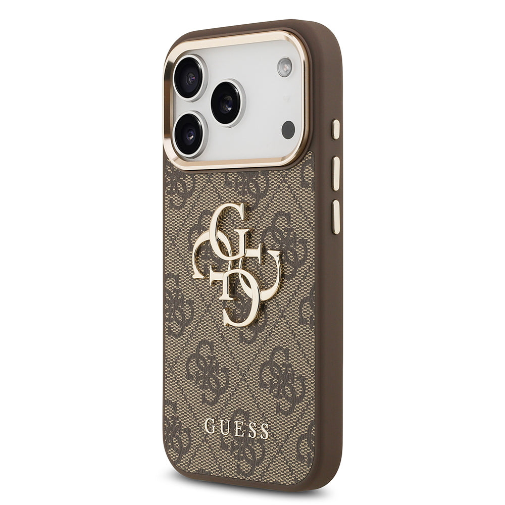 Apple iPhone 17 Pro Max Case Guess Original Licensed Gold Metal Camera Frame 4G Patterned Metal Big 4G and Text Logo Cover Pink