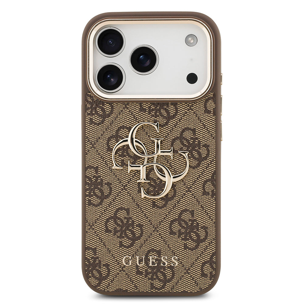 Apple iPhone 17 Pro Max Kılıf Guess Orjinal Lisanslı Gold Metal Kamera Çerçeveli 4G Desenli Metal Büyük 4G ve Yazı Logolu Kapak Siyah