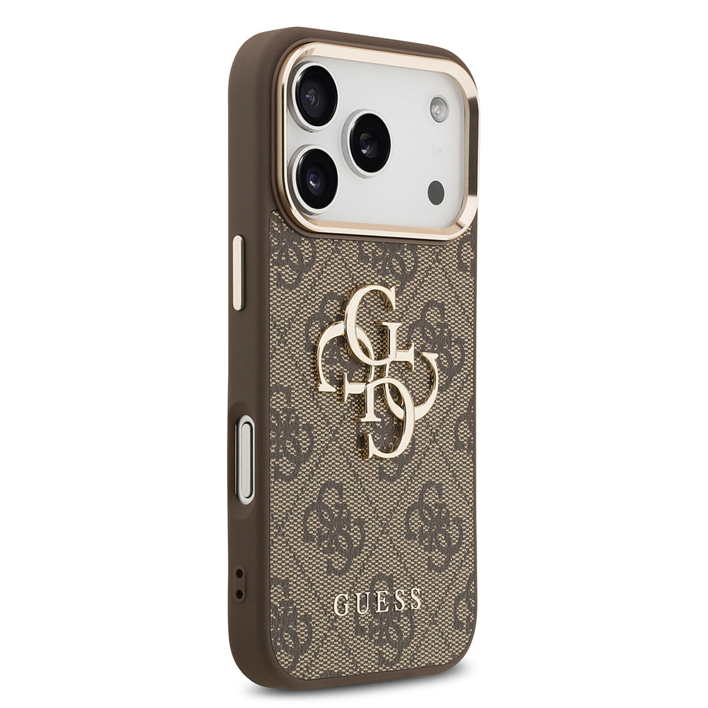 Apple iPhone 17 Pro Max Kılıf Guess Orjinal Lisanslı Gold Metal Kamera Çerçeveli 4G Desenli Metal Büyük 4G ve Yazı Logolu Kapak Siyah